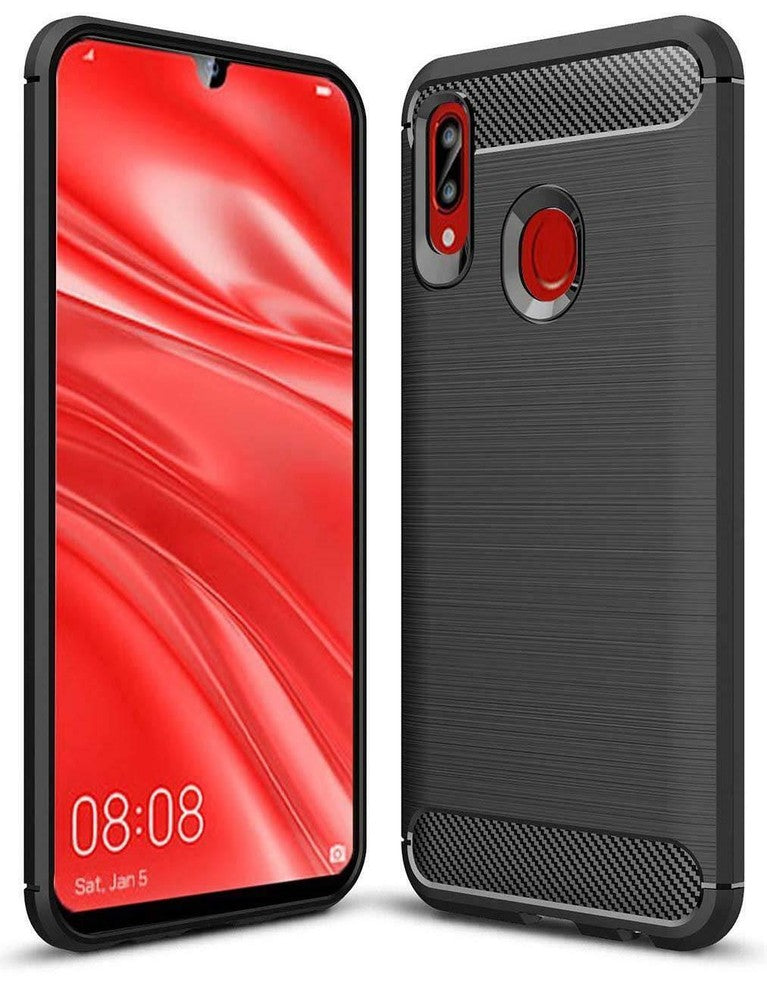 Phone Case For Huawei P Smart 2019 - Black Carbon Fibre & Clear Shock Proof Gel